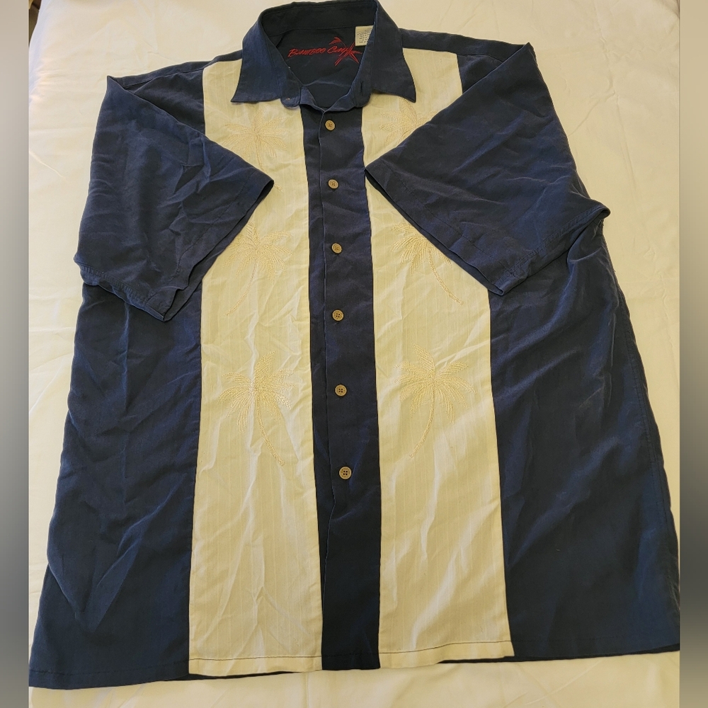 Bamboo Cay Paneled Pacific Palms Camp Shirt Navy/Cream Men's Size XLarge